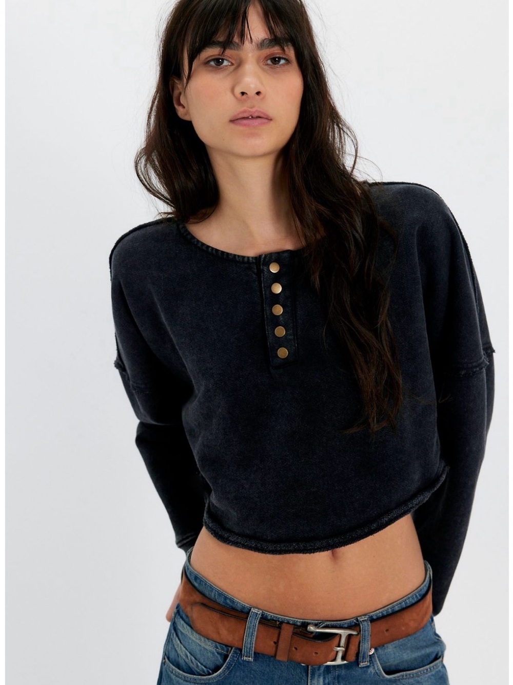 NWT Free People Katie Cropped Henley Sweatshirt Washed Blk Medium